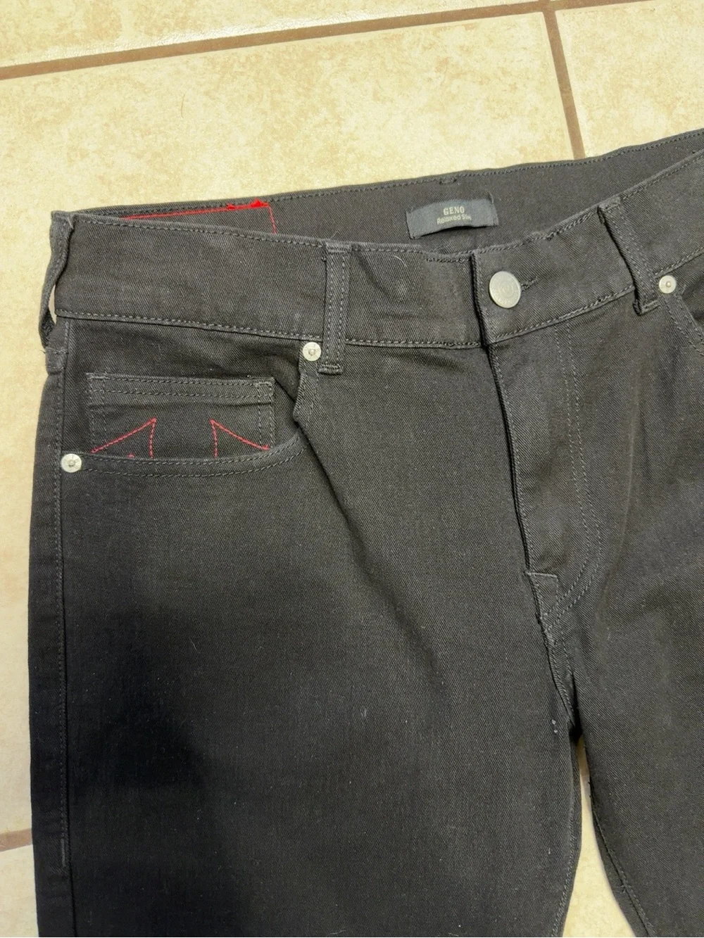True Religion Geno Relaxed Slim Black Jeans Red Stitch Men’s 34